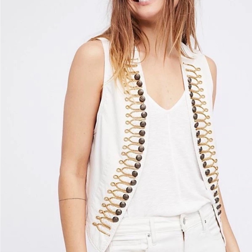 Free People White Military-Style Embellished Vest